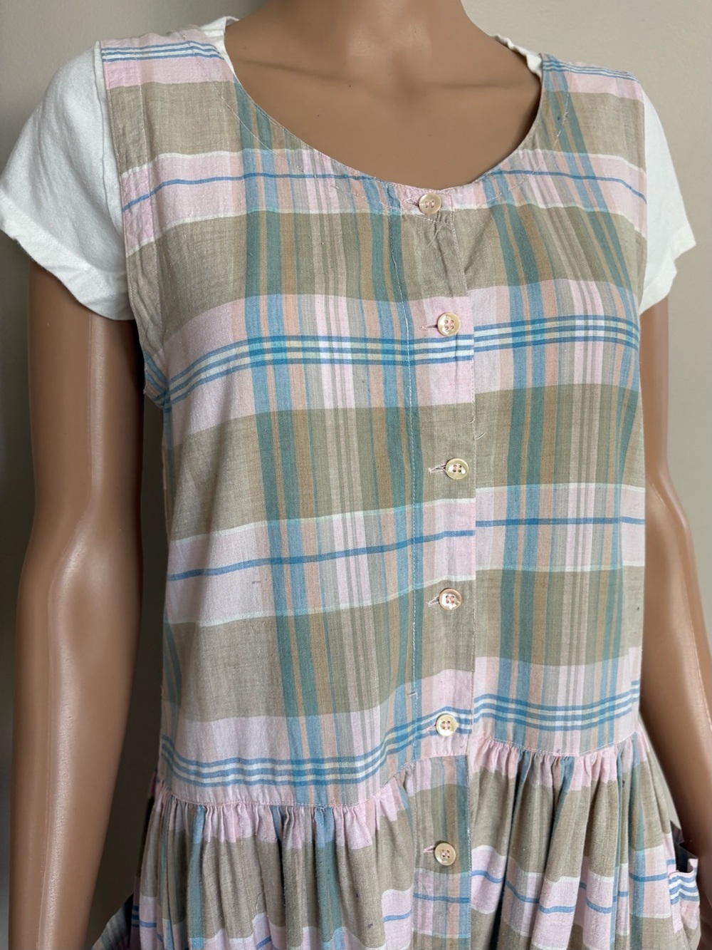 VINTAGE 80's SUGAR CO. LTD Pink Beige Blue PLAIN Cottage JUMPER Midi Dress - Picture 2 of 7